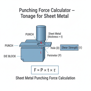 Sheet metal punching-force diagram showing punch, die, hole perimeter, thickness, and the formula F = P x t x shear strength.