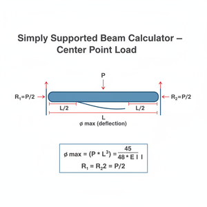 Simply Supported Beam Calculator   Center Point Load Technical Diagram