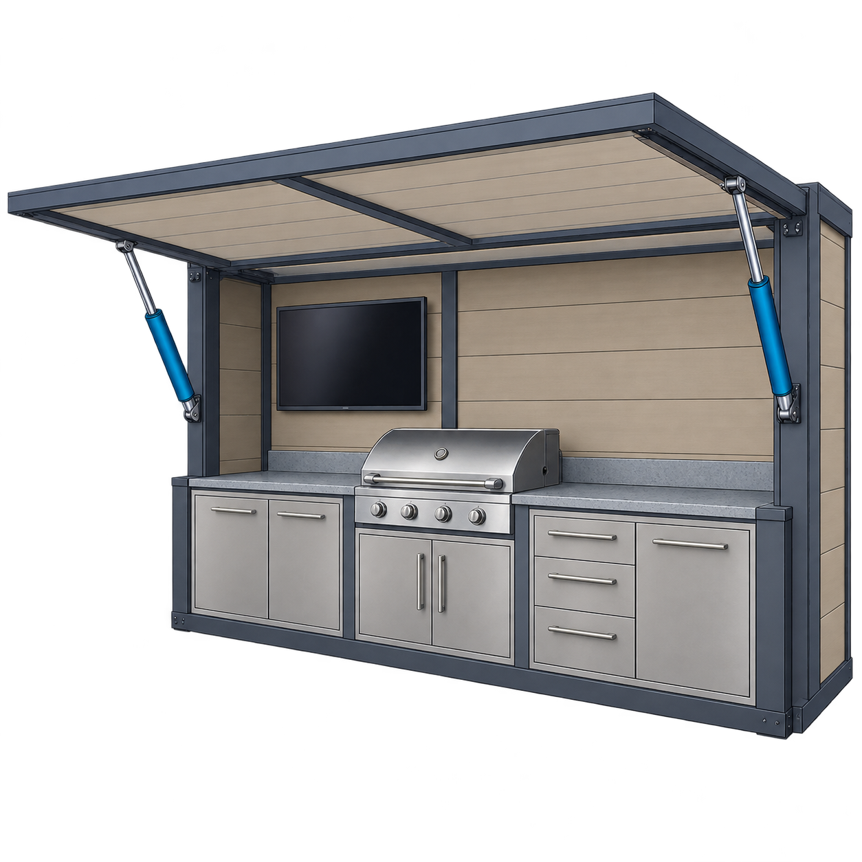 Outdoor Kitchen POD with its front panel raised into a canopy by two side actuators above a fixed barbecue and cabinets