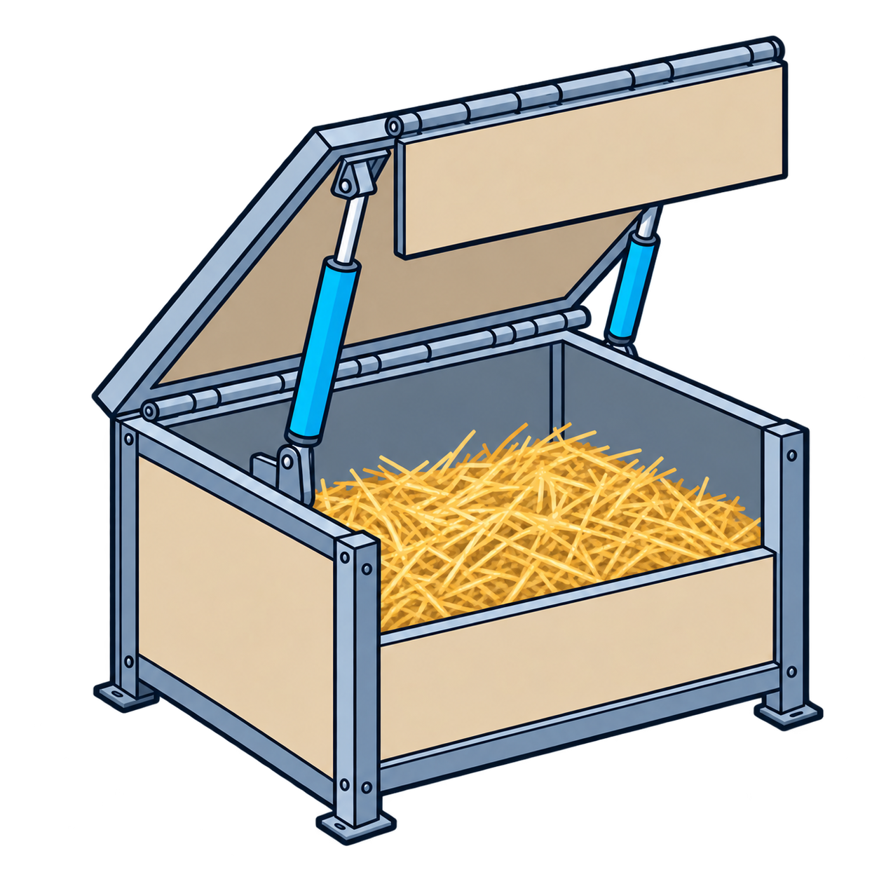 Automatic hay feeder with a raised lid, two side actuators and a separately hinged hanging front flap